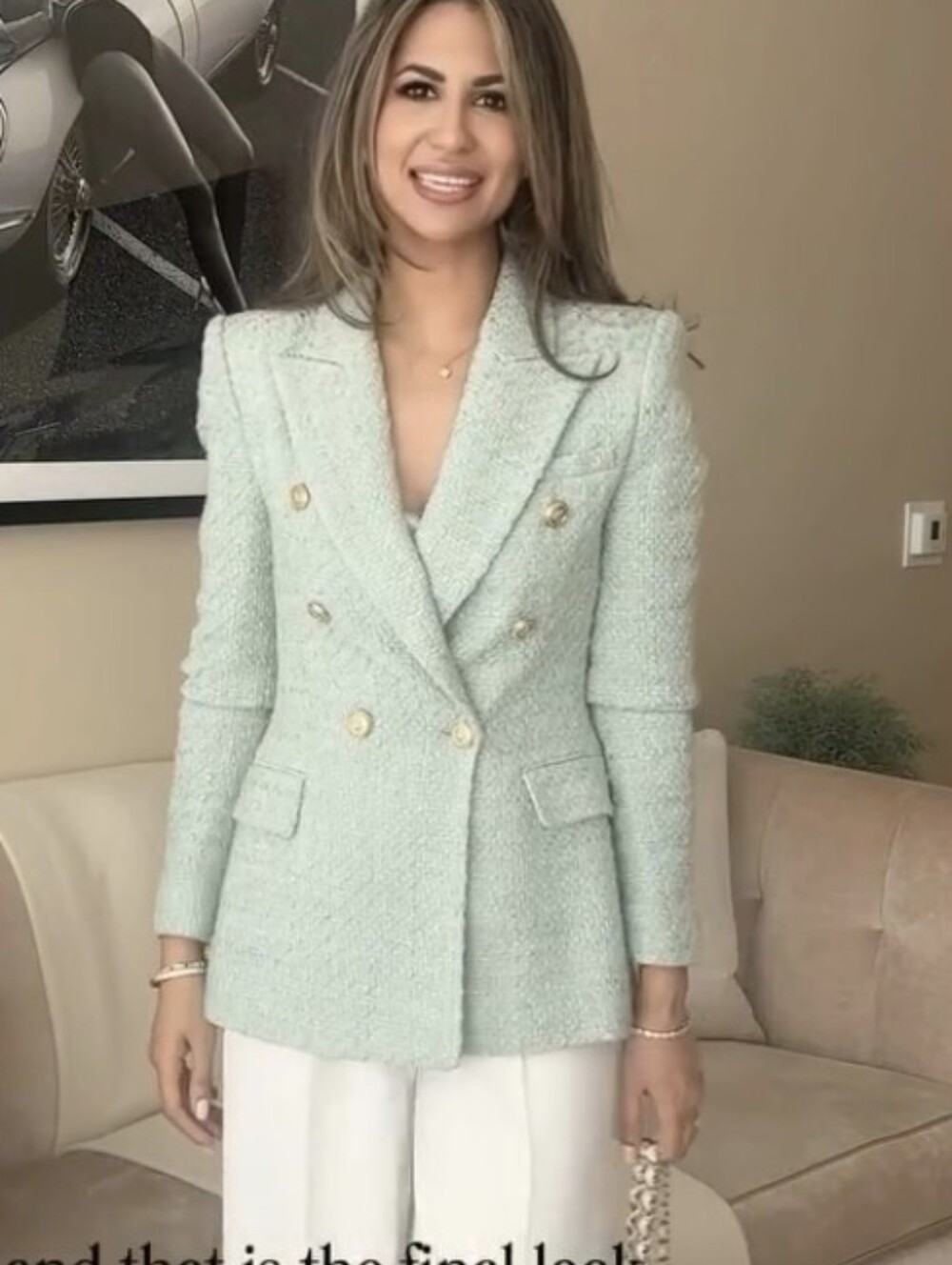 Zara Tweed Textured Double Breasted Mint Green Blazer Size XS
